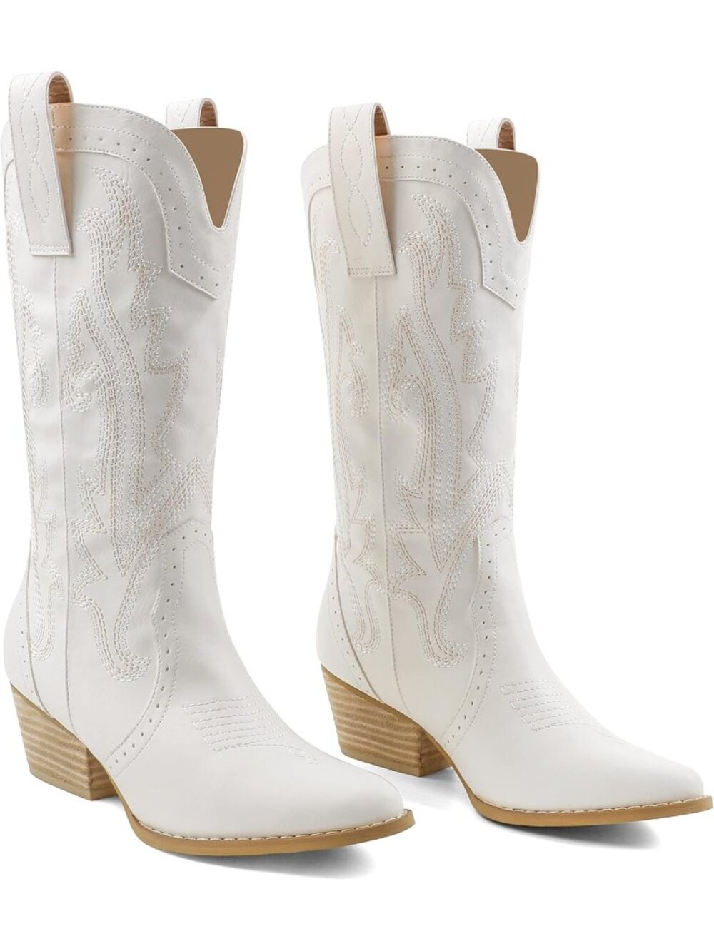 〽️Women's Mid-Calf Cowgirl Boot White Floral Leather Pointy Toe Chunky Heel